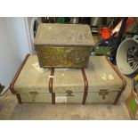 A VINTAGE BANDED PACKING TRUNK PLUS A BRASS COAL BOX (2)