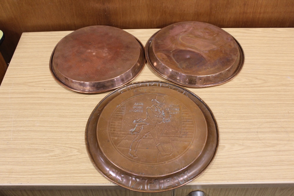 A VINTAGE COPPER JOHNNY WALKER WHISKEY TRAY TOGETHER WITH TWO ANSELLS EXAMPLES (3) - Image 2 of 2