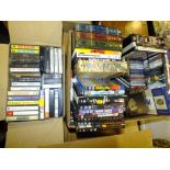 A BOX OF DVDS, COMPUTER GAMES AND CDS TOGETHER WITH A BOX OF CASSETTE TAPES