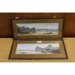 A PAIR OF OAK FRAMED AND GLAZED WATERCOLOURS OF BEACH SCENES PICTURE SIZE - 37CM X 11CM