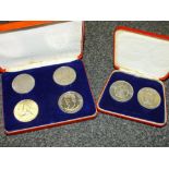 TWO RED CASED COIN PROOF SETS TO INCLUDE FALKLAND ISLANDS 50 PENCES, QUEEN MOTHER COMMEMORATIVES