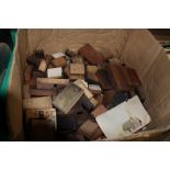 A BOX OF ANTIQUE COPPER ENGRAVING PLATES, MOUNTED ON WOODEN BLOCKS