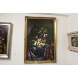 A LARGE GILT FRAMED OIL ON BOARD TABLETOP STILL LIFE STUDY SIGNED J LISAN LOWER RIGHT PICTURE SIZE -