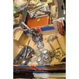 TWO TRAYS OF METALWARE AND COLLECTABLES TO INCLUDE A BRASS PICTURE EASEL, DRESSING TABLE ITEMS ETC