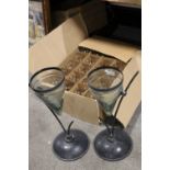 A BOX OF VASES PLUS A PAIR OF MODERN GLASS CONICAL VASES ON METAL STANDS - H 49 CM