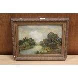 A VINTAGE FRAMED OIL ON CANVAS OF A WOODED RIVER LANDSCAPE SIGNED H THOS BROMLEY LOWER RIGHT PICTURE