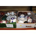 TWO TRAYS OF ASSORTED CERAMICS AND GLASS TO INCLUDE HORNSEA. ROYAL ALBERT CAKE STAND, ROYAL