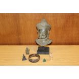 A CAMBODIAN BRONZE BUDDHA HEAD ON BASE, A CARVED JADE BANGLE AND VARIOUS OTHER BUDDHAS