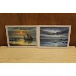 A PAIR OF FRAMED OIL ON CANVASES OF SEASCAPES SIGNED A B CANDOLEY LOWER LEFT PICTURE SIZE - 34CM X