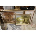 TWO LARGE OIL ON BOARDS DEPICTING WOODED RIVER LANDSCAPES, TOGETHER WITH A PARISIAN SCENE OIL ON