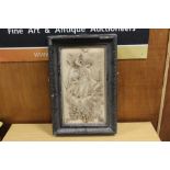 A FRAMED NEO CLASSICAL STYLE CERAMIC PLAQUE OF A LADY OVERALL SIZE INC FRAME - 61CM X 42CM