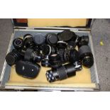 A HARD CASE OF CAMERA LENSES TO INCLUDE CANON, HAMIMEX ETC.