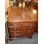 AN OAK BUREAU, W 76 cm, TOGETHER WITH A MODERN MAHOGANY BOOKCASE, MIRROR AND CABINET (4)