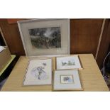 A COLLECTION OF ASSORTED WATERCOLOURS TO INCLUDE A WATERCOLOUR OF A RAMS HEAD, WOODED LANDSCAPE,