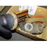 A BOX OF MILITARIA TO INCLUDE A GAS MASK, BERET AND MODERN TELESCOPE