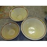 St Mary's Abbey - THREE LARGE VINTAGE GRADUATED [POTTERY MIXING BOWLS LARGEST DIA 52 CM