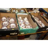 THREE TRAYS OF MASONS MANDALAY CHINA TO INCLUDE A TEAPOT, CUPS AND SAUCERS ETC.