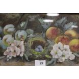 A GILT FRAMED OIL ON BOARD STILL LIFE STUDY OF FRUIT, FLOWERS AND A BIRDS NEST, SIZE 49.5 CM BY 19