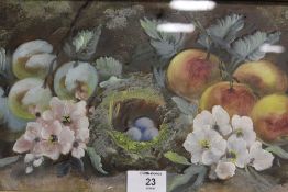 A GILT FRAMED OIL ON BOARD STILL LIFE STUDY OF FRUIT, FLOWERS AND A BIRDS NEST, SIZE 49.5 CM BY 19