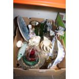 THREE TRAYS OF ASSORTED CERAMICS AND GLASSWARE TO INCLUDE MURANO STYLE GLASS FISH, STUDIO POTTERY
