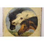 AN OIL ON CANVAS CIRCULAR STUDY OF THREE HORSES - SIZE 24.5 CM BY 24.5 CM