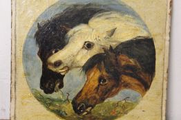 AN OIL ON CANVAS CIRCULAR STUDY OF THREE HORSES - SIZE 24.5 CM BY 24.5 CM