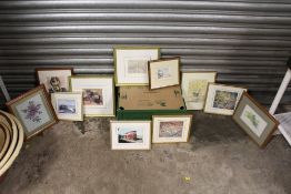 A BOX OF ASSORTED PICTURES AND PRINTS TO INCLUDE A WATERCOLOUR PORTRAIT STUDY SIGNED M WILLIAMS