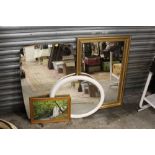 A GILT FRAMED RECTANGULAR WALL MIRROR TOGETHER WITH TWO OTHERS AND AN OIL ON BOARD OF A WATERFALL (