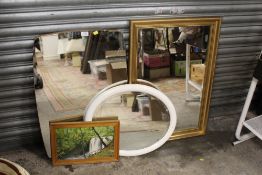 A GILT FRAMED RECTANGULAR WALL MIRROR TOGETHER WITH TWO OTHERS AND AN OIL ON BOARD OF A WATERFALL (