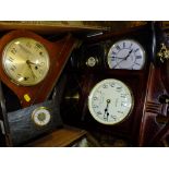 A BOX OF CLOCKS TO INCLUDE A MAHOGANY NAPOLEON HAT MANTEL CLOCK, SLATE MANTEL CLOCK ETC.