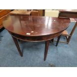 AN ANTIQUE MAHOGANY DEMI-LUNE TABLE, W 114 CM