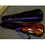 A VINTAGE ONE PIECE BACK VIOLIN WITH BOW A/F, IN CARRY CASE, BOW MARKED PENZEL