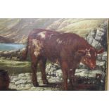 A FRAMED 19TH CENTURY OIL ON CANVAS OF A COW GRAZING IN A MOUNTAINOUS LANDSCAPE PICTURE SIZE -