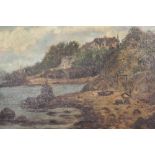 A GILT FRAMED OIL ON CANVAS OF A COASTAL VILLAGE SCENE BY A H HOWDEN SIZE - 55CM X 24CM