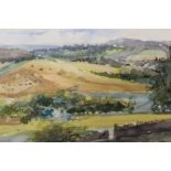A PINE FRAMED AND GLAZED WATERCOLOUR OF A RURAL LANDSCAPE SIGNED B STEWART LOWER RIGHT PICTURE