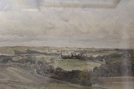 A FRAMED AND GLAZED WATERCOLOUR OF A RURAL LANDSCAPE SIGNED GRAHAME HALL 1920, SEE VERSE - SIZE 37