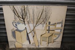 BARBARA STEWART - AN UNFRAMED COLLAGE ENTITLED 'TEAPOT AND CHAIRS' SIZE - 76CM X 61CM