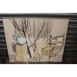 BARBARA STEWART - AN UNFRAMED COLLAGE ENTITLED 'TEAPOT AND CHAIRS' SIZE - 76CM X 61CM