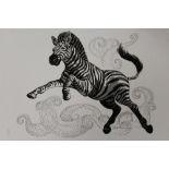 AN UNFRAMED MOUNTED PEN DRAWING OF A ZEBRA BY CECIL CURTIS LOWER LEFT - SIZE 27 CM BY 27 CM