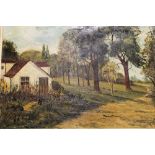 A FRAMED VINTAGE OIL ON CANVAS OF A WOODED LANDSCAPE WITH COTTAGES, SIGNED HALLARD LOWER RIGHT -