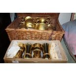 St Mary's Abbey - A HAMPER BASKET CONTAINING GILDED WOODEN TWIN HANDLED VASES TOGETHER WITH A SET OF