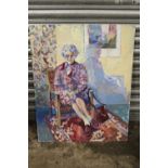 BARBARA STEWART - AN UNFRAMED UNSIGNED OIL ON BOARD DEPICTING A SEATED ELDERLY WOMAN SIZE - 76CM X