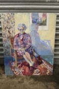 BARBARA STEWART - AN UNFRAMED UNSIGNED OIL ON BOARD DEPICTING A SEATED ELDERLY WOMAN SIZE - 76CM X