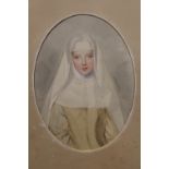St Mary's Abbey - AN ANTIQUE FRAMED AND GLAZED OVAL WATERCOLOUR PORTRAIT STUDY OF A NUN WITH