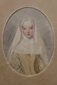 St Mary's Abbey - AN ANTIQUE FRAMED AND GLAZED OVAL WATERCOLOUR PORTRAIT STUDY OF A NUN WITH