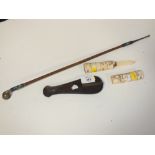 AN ANTIQUE LETTER OPENER TOGETHER WITH AN ENAMEL PIPE AND AN OAK CASED SCALE (3)