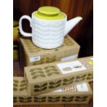 A BOXED ORLA KIELY HOUSE SHAPED TEA POT TOGETHER WITH TWO BOXED ORLA KIELY HAND TOOLS