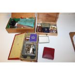 THREE BOXES OF COLLECTABLES TO INCLUDE CUFFLINKS, ENAMEL BADGES, BONE HANDLED SEAL ETC.