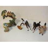 TWO BESWICK FOAL FIGURES, BESWICK DOG FIGURE, AYNSLEY MASTERCRAFT FIGURE OF BLUE TITS ON A BRANCH