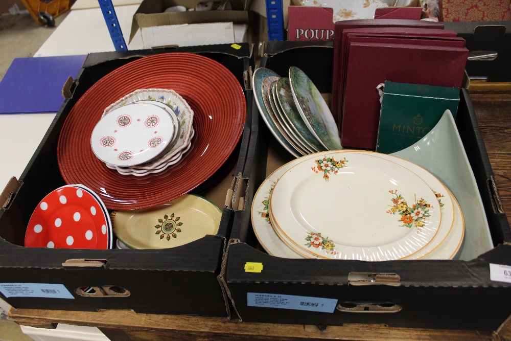 TWO TRAYS OF ASSORTED CERAMICS TO INCLUDE COLLECTORS PLATES, BOXED MINTON DISH ETC.
